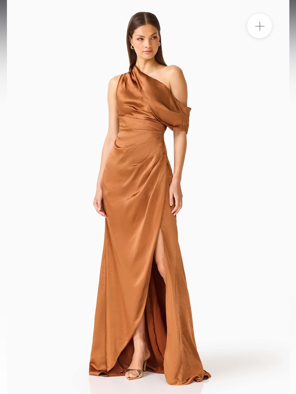 elliatt isadora brown satin one shoulder draped maxi gown dress size small NEW
